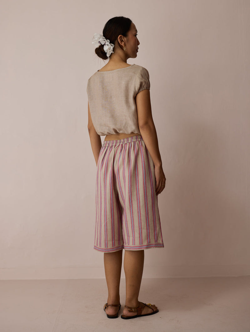 Ena Stripe Linen Jorts-Natural linen short by Manan in off white for women in Singapore