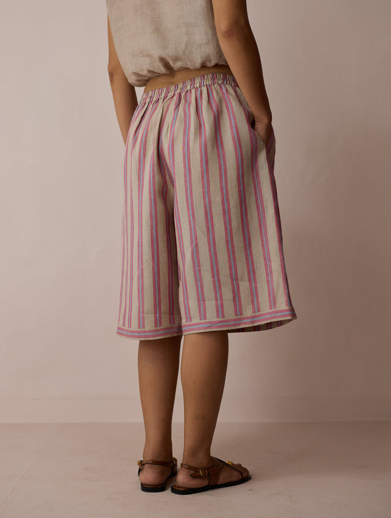 Ena Stripe Linen Jorts-Natural linen short by Manan in off white for women in Singapore