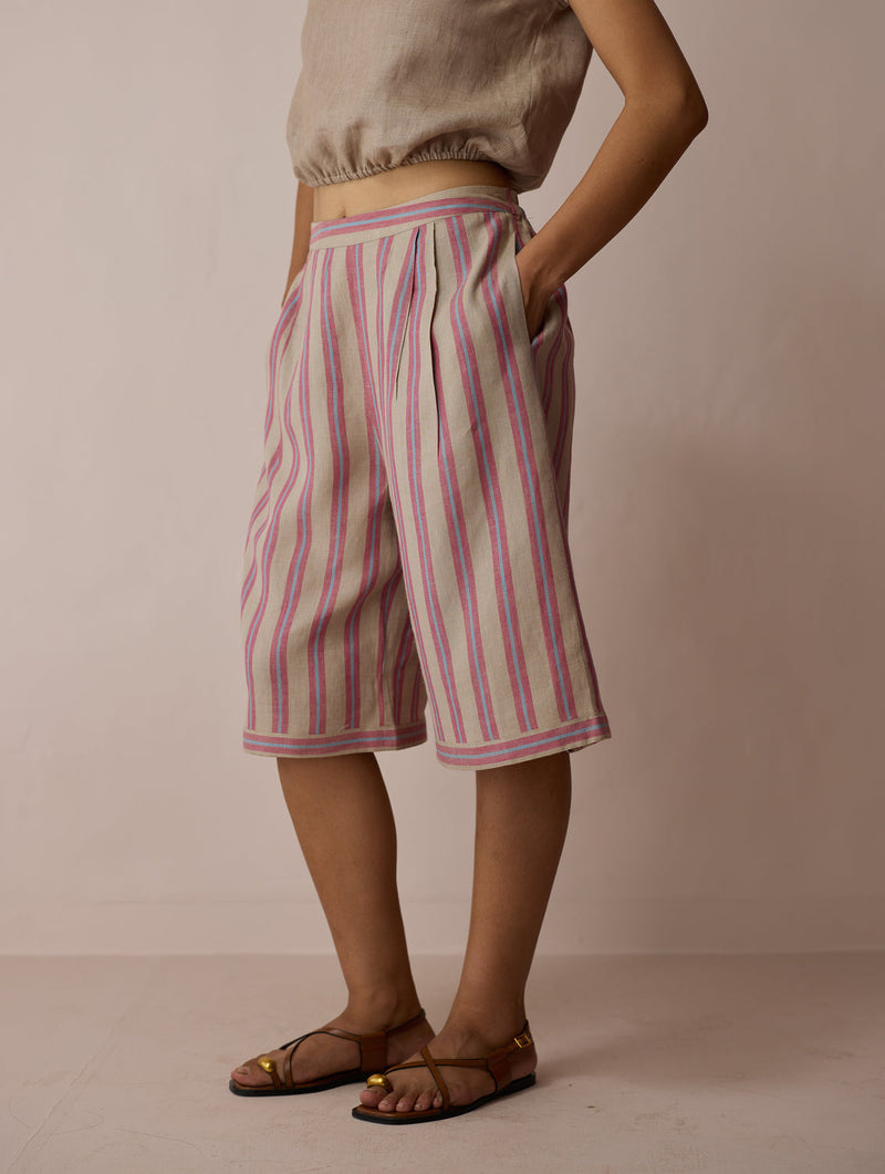 Ena Stripe Linen Jorts-Natural linen short by Manan in off white for women in Singapore