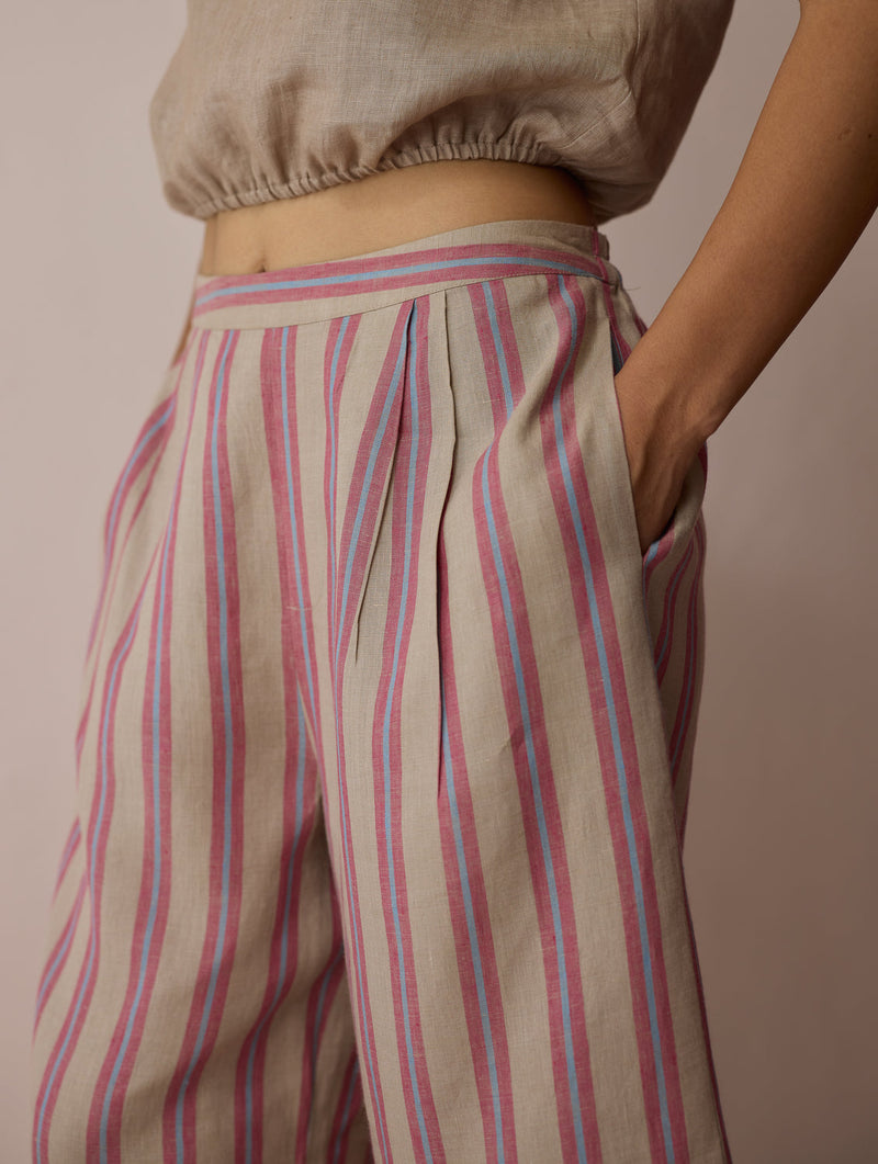 Ena Stripe Linen Jorts-Natural linen short by Manan in off white for women in Singapore