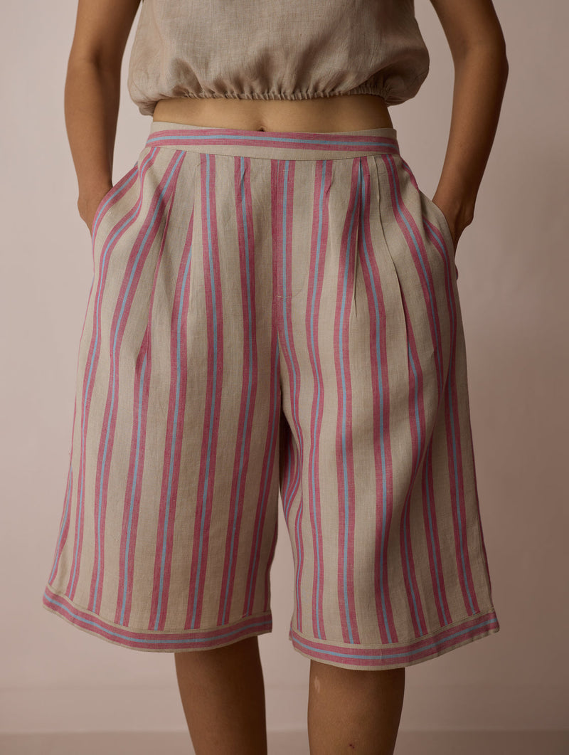 Ena Stripe Linen Jorts-Natural linen short by Manan in off white for women in Singapore