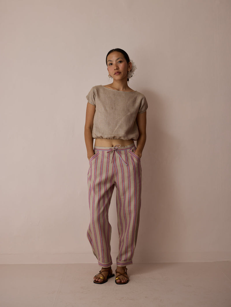 Terra Pleated Hem Stripe Linen Pants-Natural linen pant/trouser by Manan in off white for women in Singapore