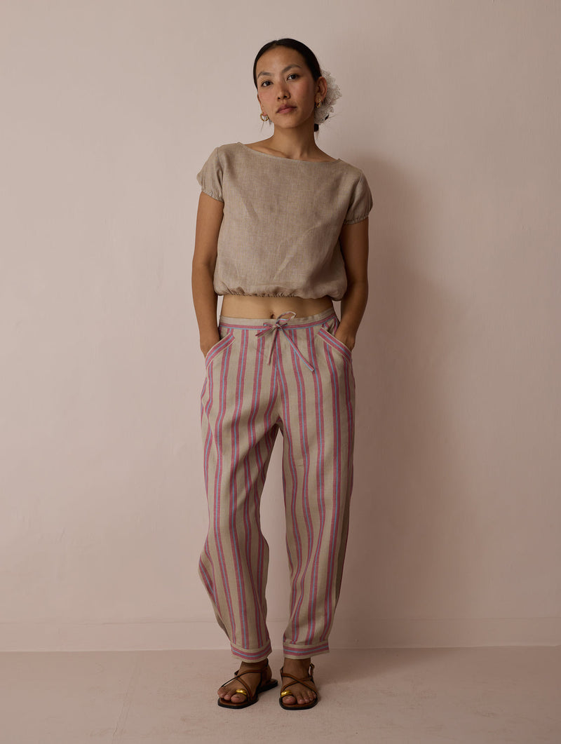 Terra Pleated Hem Stripe Linen Pants-Natural linen pant/trouser by Manan in off white for women in Singapore
