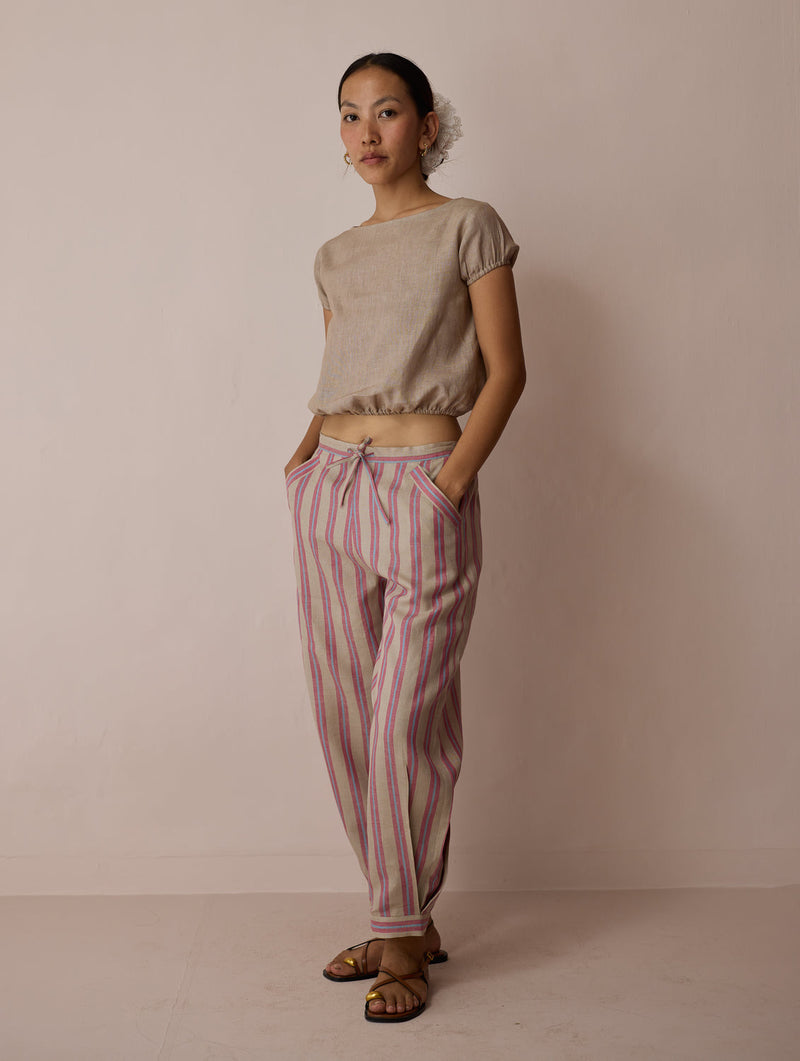 Terra Pleated Hem Stripe Linen Pants-Natural linen pant/trouser by Manan in off white for women in Singapore