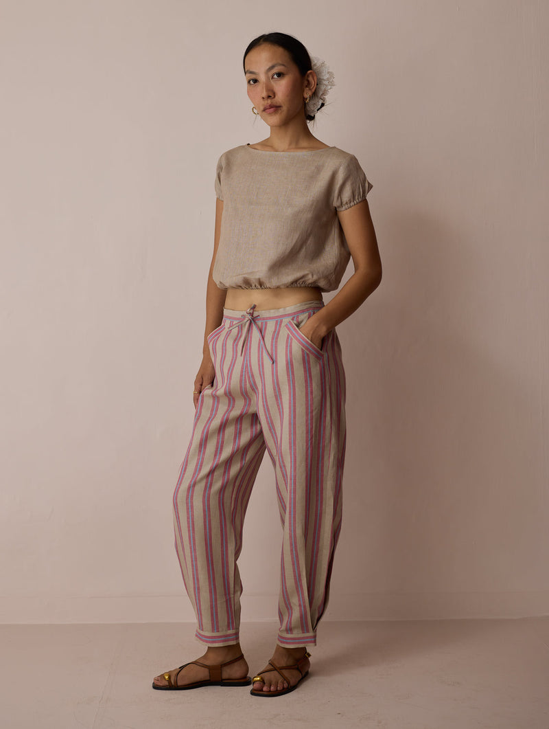 Terra Pleated Hem Stripe Linen Pants-Natural linen pant/trouser by Manan in off white for women in Singapore