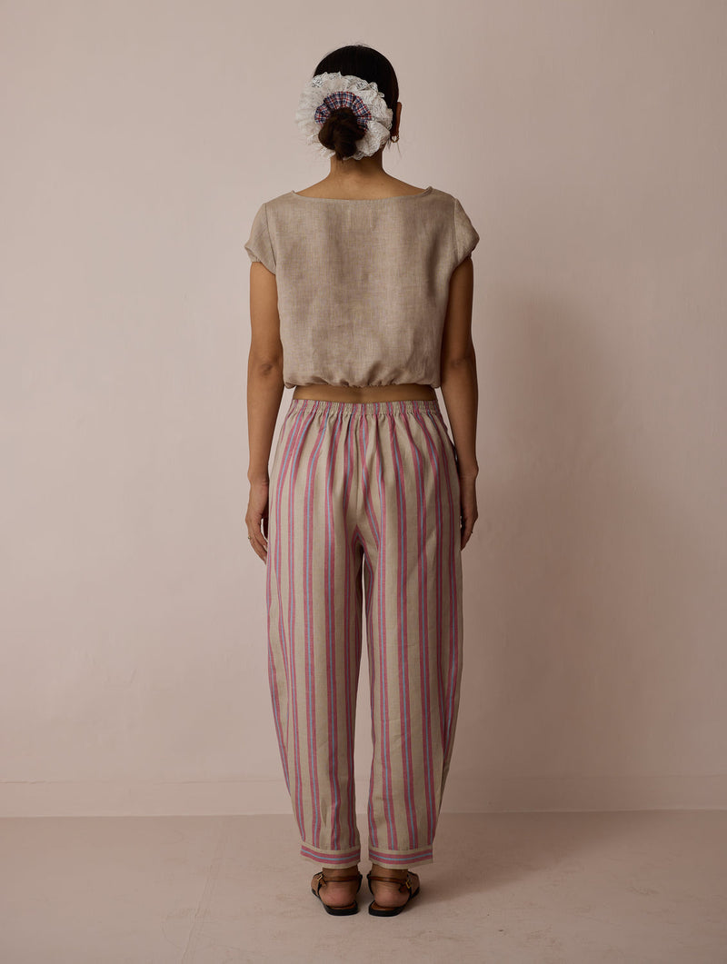 Terra Pleated Hem Stripe Linen Pants-Natural linen pant/trouser by Manan in off white for women in Singapore