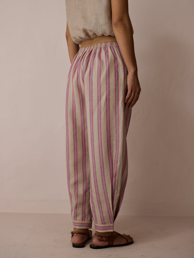 Terra Pleated Hem Stripe Linen Pants-Natural linen pant/trouser by Manan in off white for women in Singapore