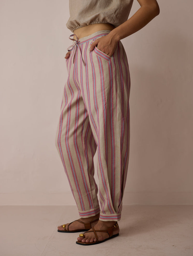 Terra Pleated Hem Stripe Linen Pants-Natural linen pant/trouser by Manan in off white for women in Singapore