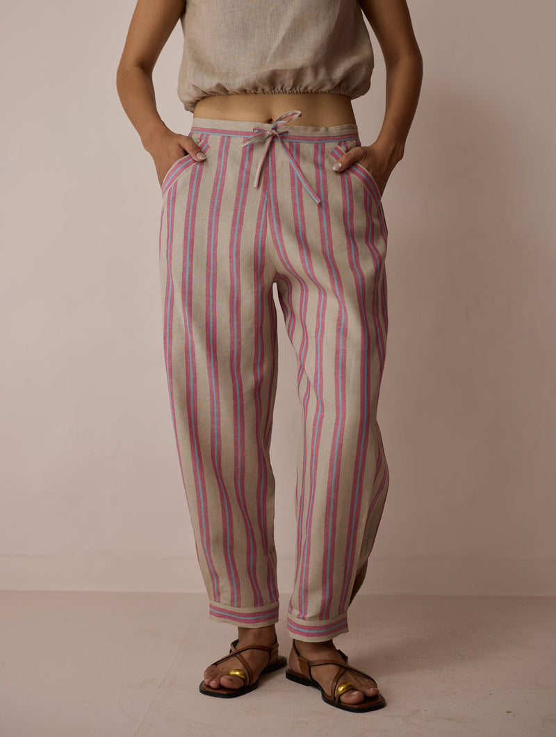 Terra Pleated Hem Stripe Linen Pants-Natural linen pant/trouser by Manan in off white for women in Singapore