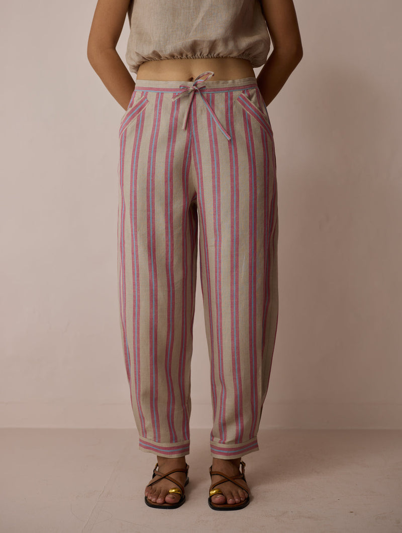 Terra Pleated Hem Stripe Linen Pants-Natural linen pant/trouser by Manan in off white for women in Singapore
