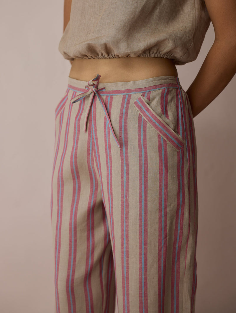 Terra Pleated Hem Stripe Linen Pants-Natural linen pant/trouser by Manan in off white for women in Singapore