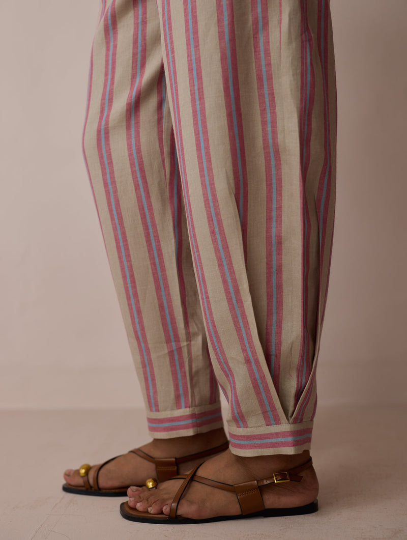 Terra Pleated Hem Stripe Linen Pants-Natural linen pant/trouser by Manan in off white for women in Singapore