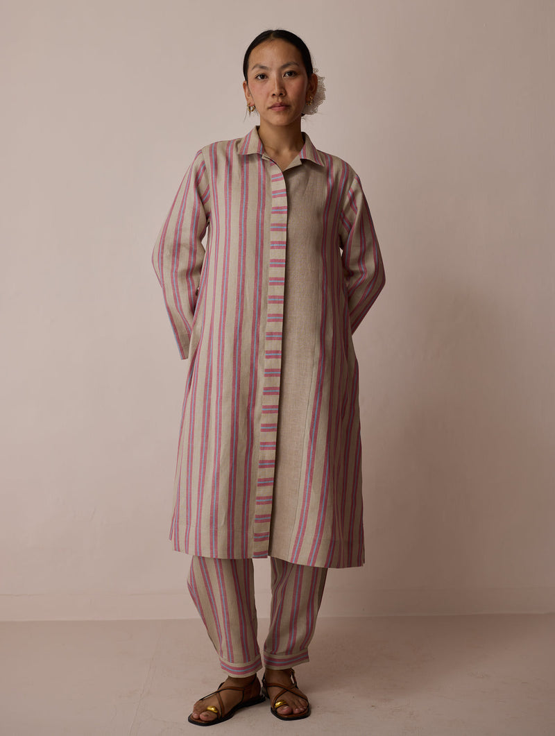Joana Patchwork Stripe Linen Shirt Kurta-Natural linen tunics/kaftan by Manan in off white for women in Singapore