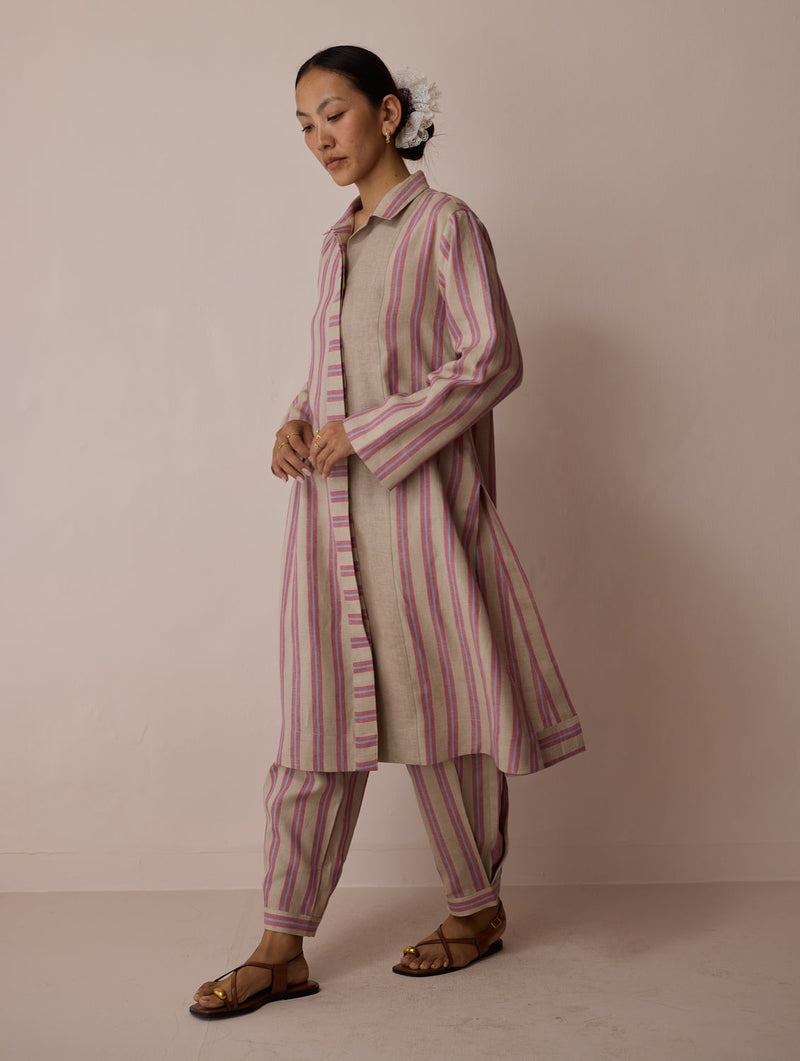 Joana Patchwork Stripe Linen Shirt Kurta-Natural linen tunics/kaftan by Manan in off white for women in Singapore