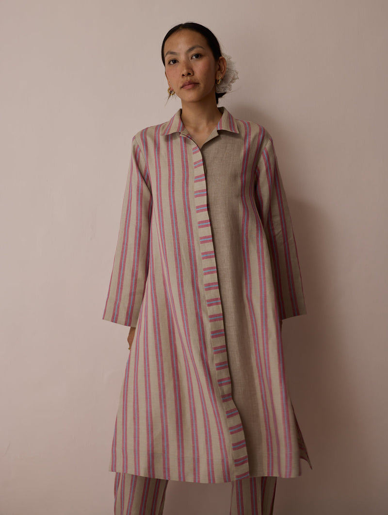 Joana Patchwork Stripe Linen Kurta Sets-Natural linen light kurta set by Manan in off white for women in Singapore
