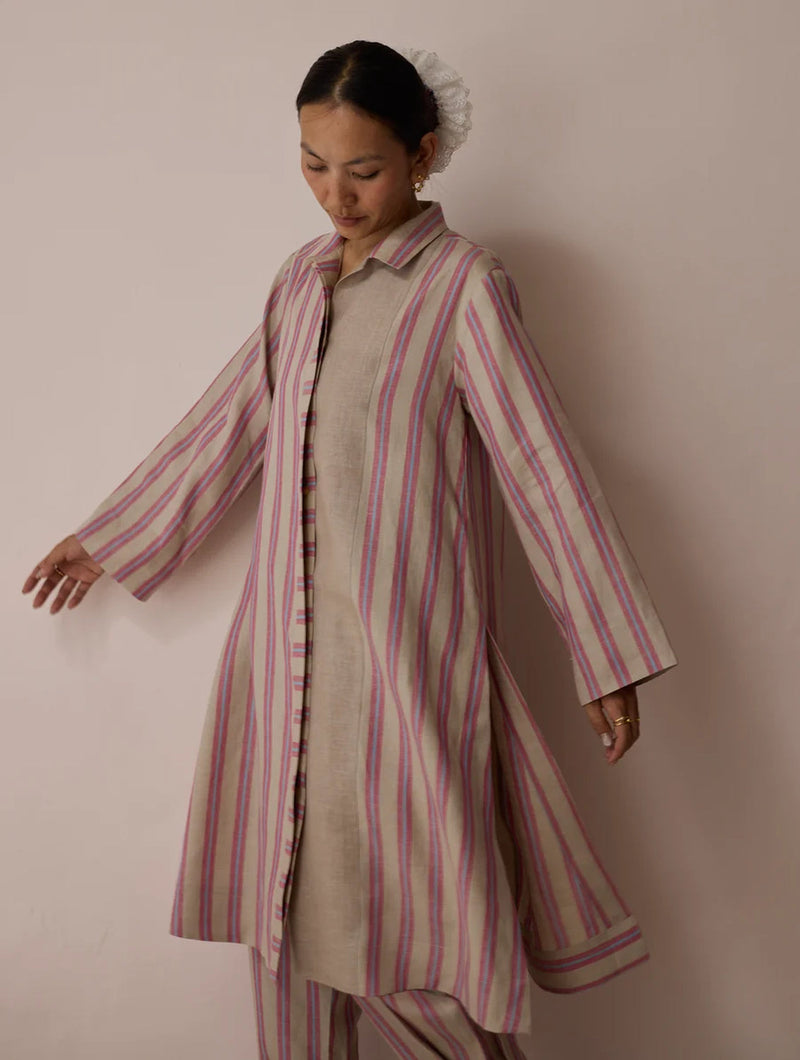 Joana Patchwork Stripe Linen Kurta Sets-Natural linen light kurta set by Manan in off white for women in Singapore