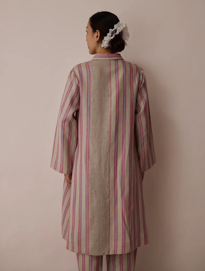 Joana Patchwork Stripe Linen Shirt Kurta-Natural linen tunics/kaftan by Manan in off white for women in Singapore