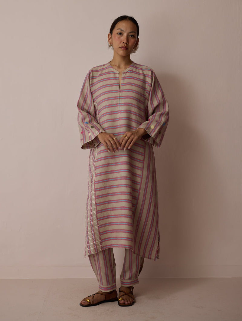 Parvee Block-Printed Linen Angrakha Kurta-Natural linen tunics/kaftan by Manan in ivory for women in Singapore