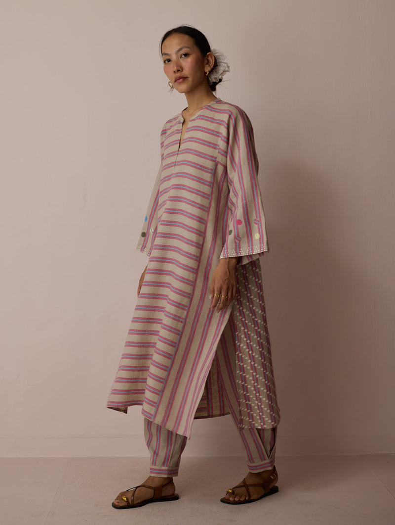 Parvee Block-Printed Linen Kurta Set-Natural linen light kurta set by Manan in ivory for women in Singapore