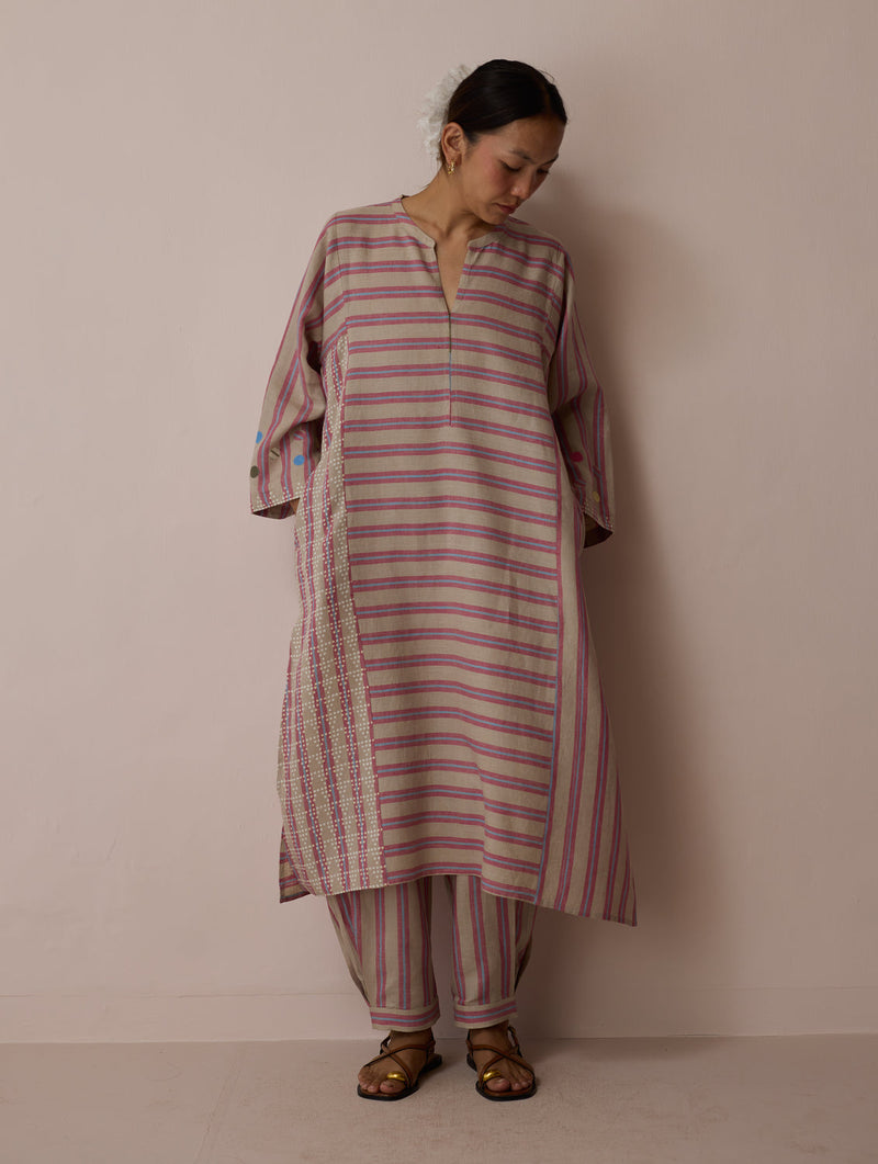 Parvee Block-Printed Linen Kurta Set-Natural linen light kurta set by Manan in ivory for women in Singapore