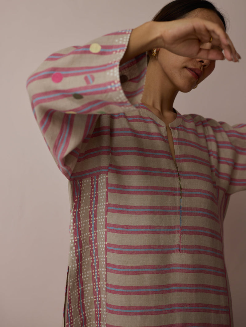 Parvee Block-Printed Linen Kurta Set-Natural linen light kurta set by Manan in ivory for women in Singapore