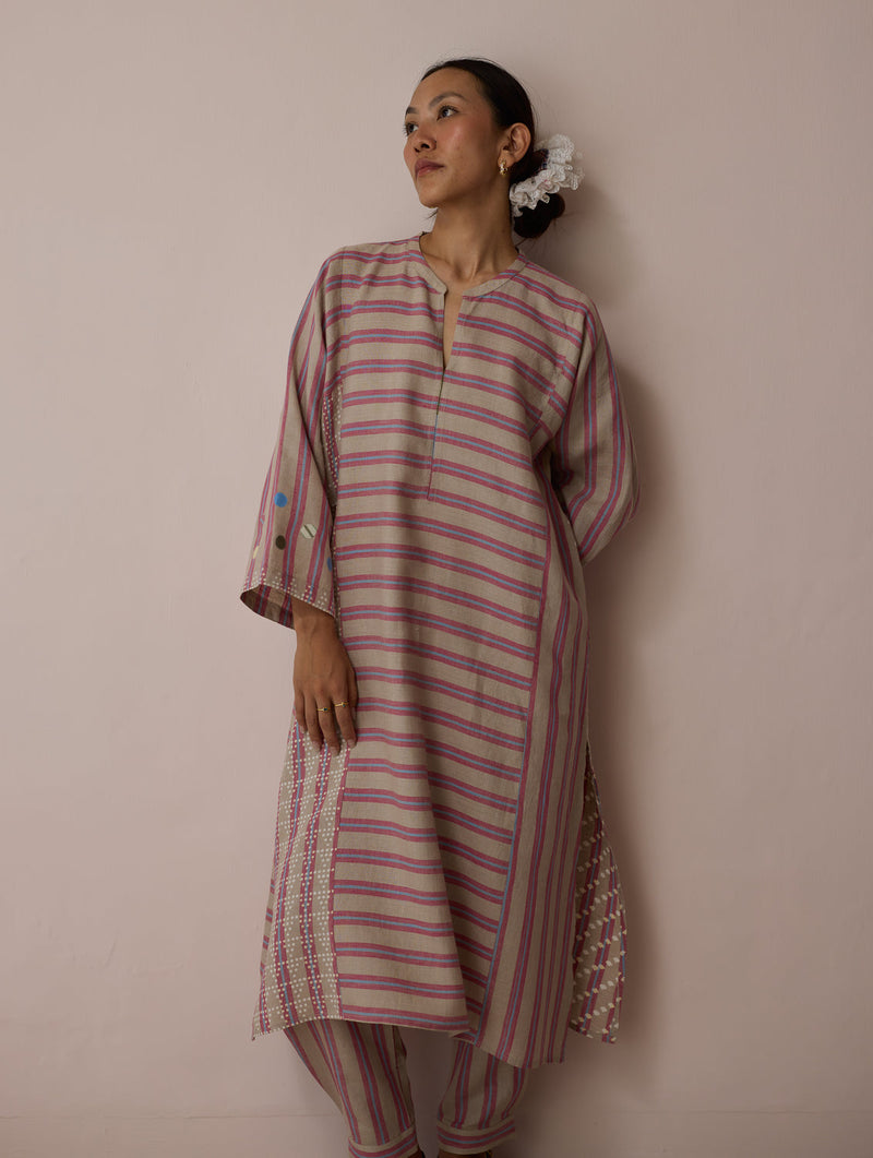 Parvee Block-Printed Linen Angrakha Kurta-Natural linen tunics/kaftan by Manan in ivory for women in Singapore