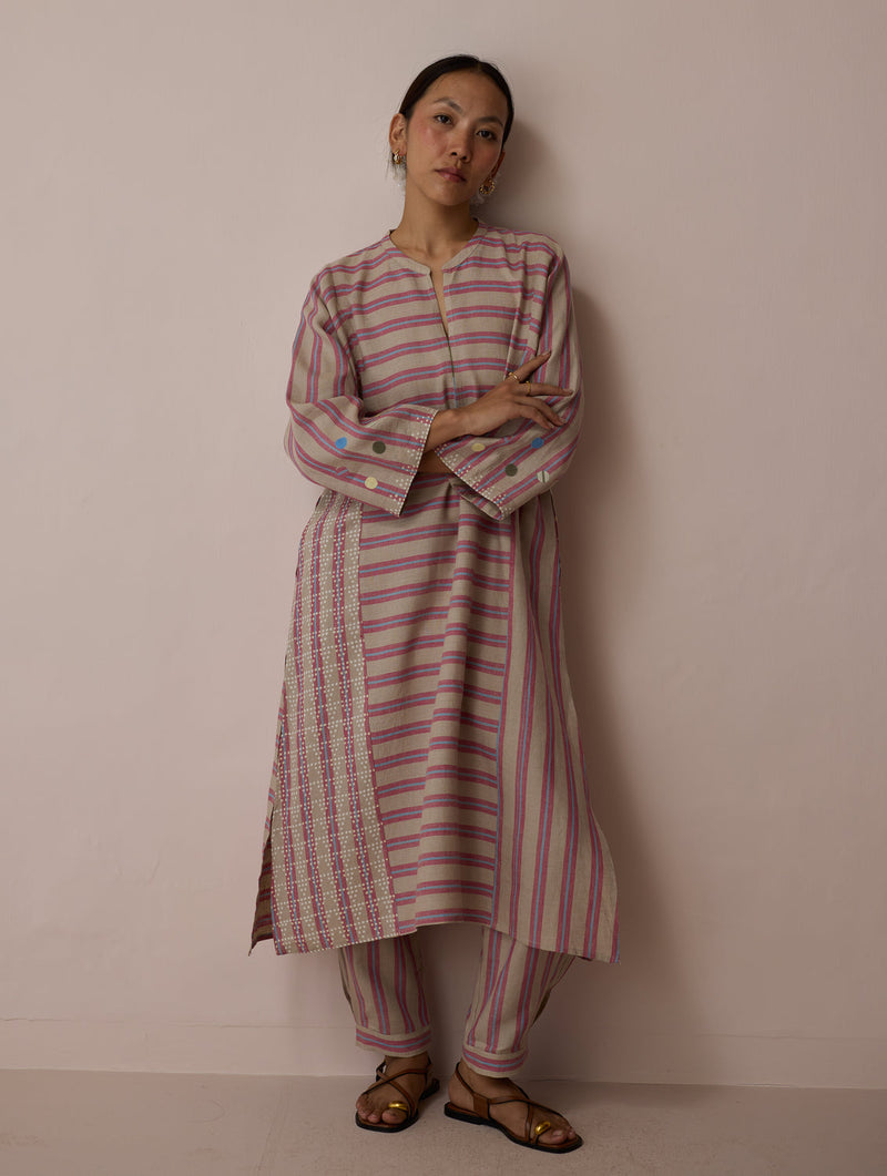 Parvee Block-Printed Linen Kurta Set-Natural linen light kurta set by Manan in ivory for women in Singapore