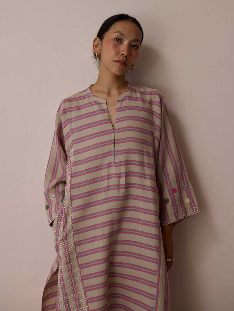 Parvee Block-Printed Linen Angrakha Kurta-Natural linen tunics/kaftan by Manan in ivory for women in Singapore