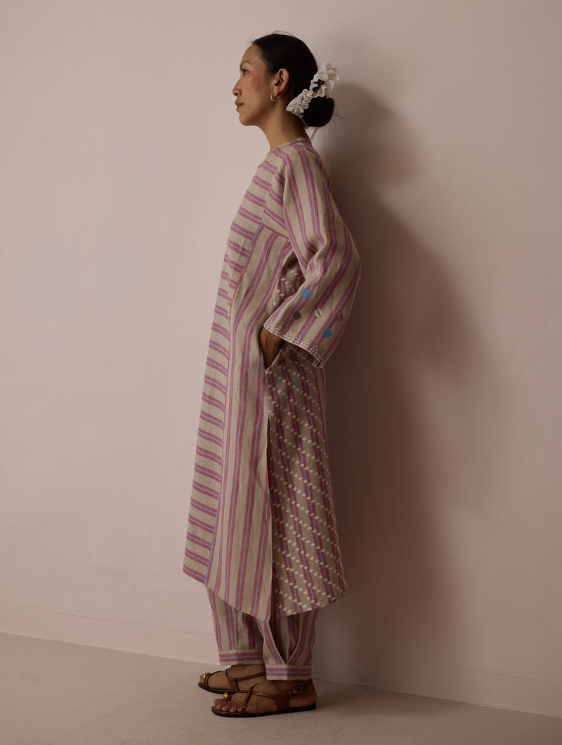 Parvee Block-Printed Linen Kurta Set-Natural linen light kurta set by Manan in ivory for women in Singapore