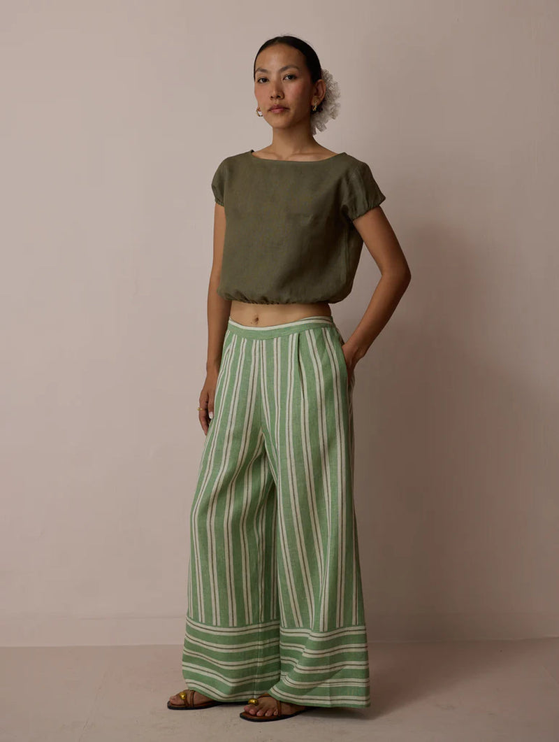 Carmi Wide Leg Stripe Linen Pants-Fern linen pant/trouser by Manan in green for women in Singapore
