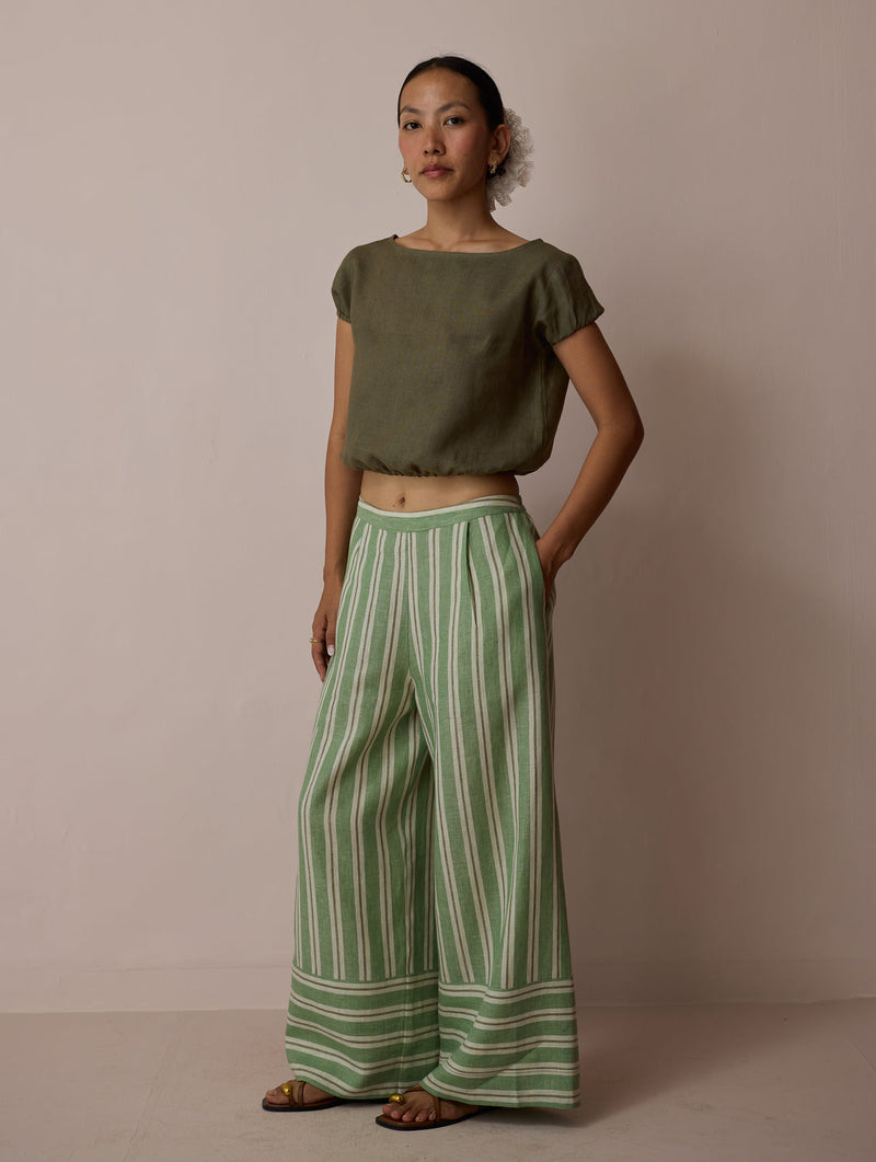Rimi Linen Co-ord Set-Olive linen co-ord set by Manan in green for women in Singapore