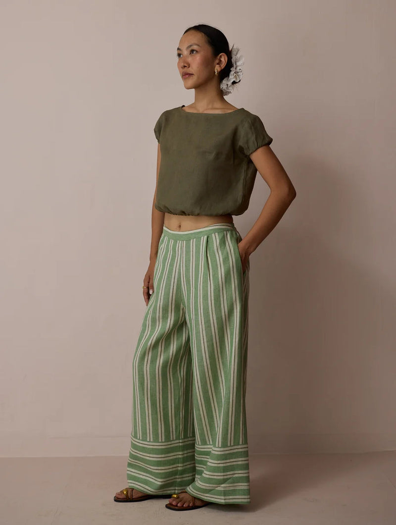 Carmi Wide Leg Stripe Linen Pants-Fern linen pant/trouser by Manan in green for women in Singapore