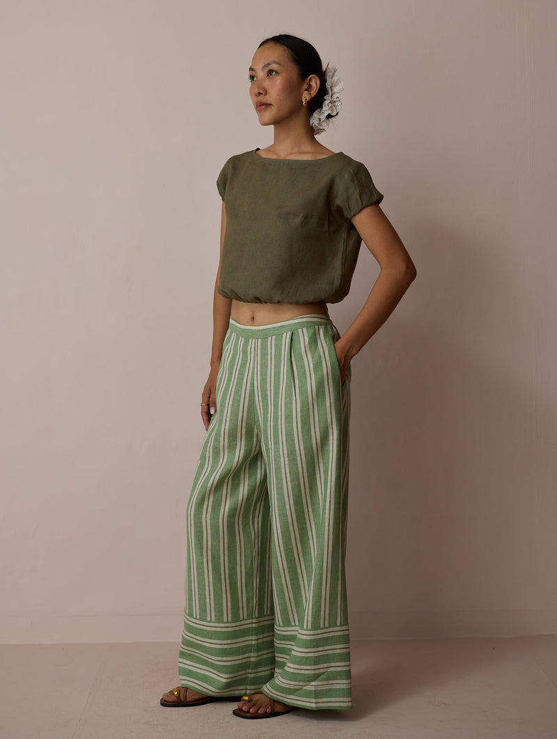 Rimi Linen Crop Top-Olive linen top/shirt by Manan in green for women in Singapore