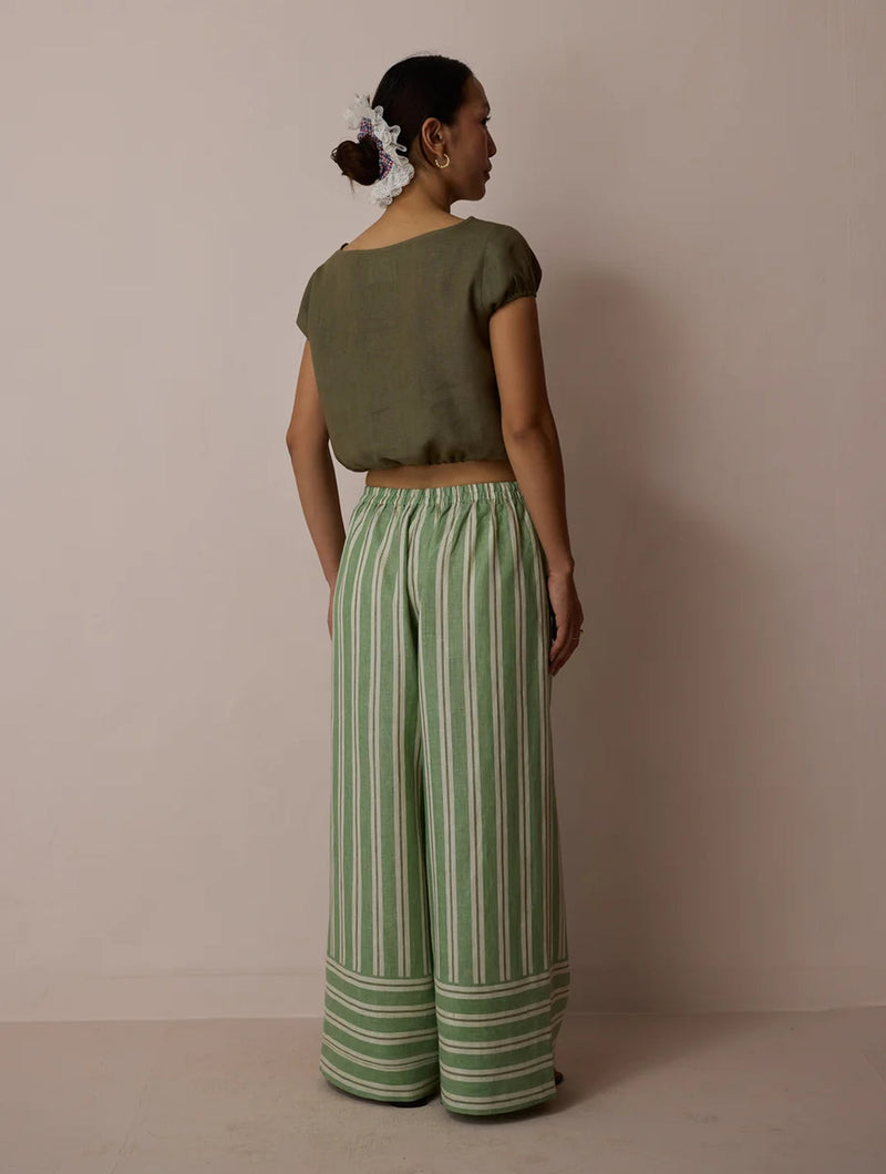 Carmi Wide Leg Stripe Linen Pants-Fern linen pant/trouser by Manan in green for women in Singapore