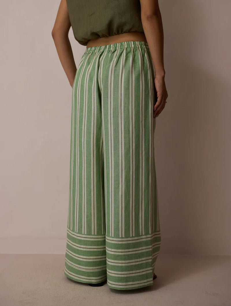 Carmi Wide Leg Stripe Linen Pants-Fern linen pant/trouser by Manan in green for women in Singapore