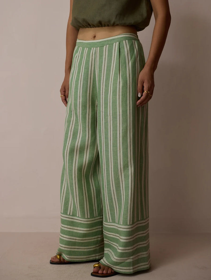 Carmi Wide Leg Stripe Linen Pants-Fern linen pant/trouser by Manan in green for women in Singapore