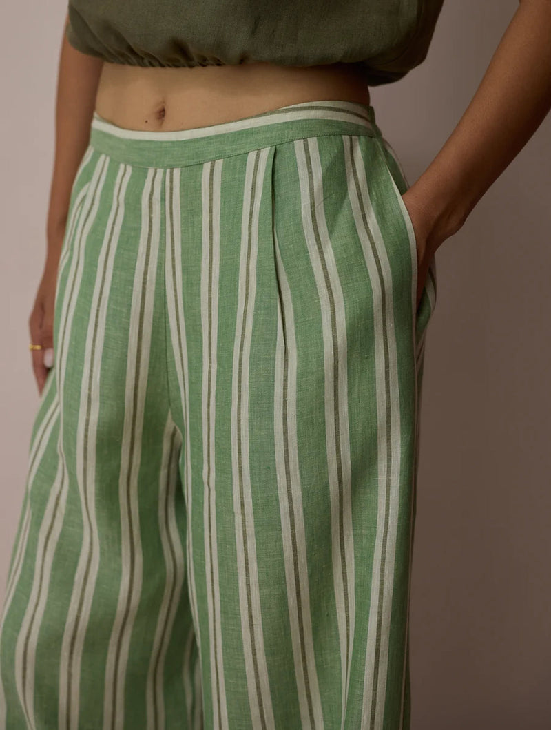 Carmi Wide Leg Stripe Linen Pants-Fern linen pant/trouser by Manan in green for women in Singapore