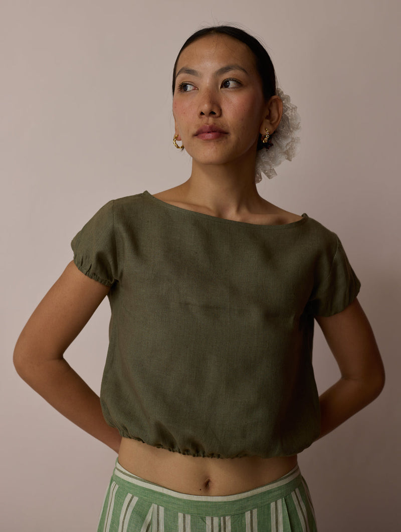 Rimi Linen Co-ord Set-Olive linen co-ord set by Manan in green for women in Singapore