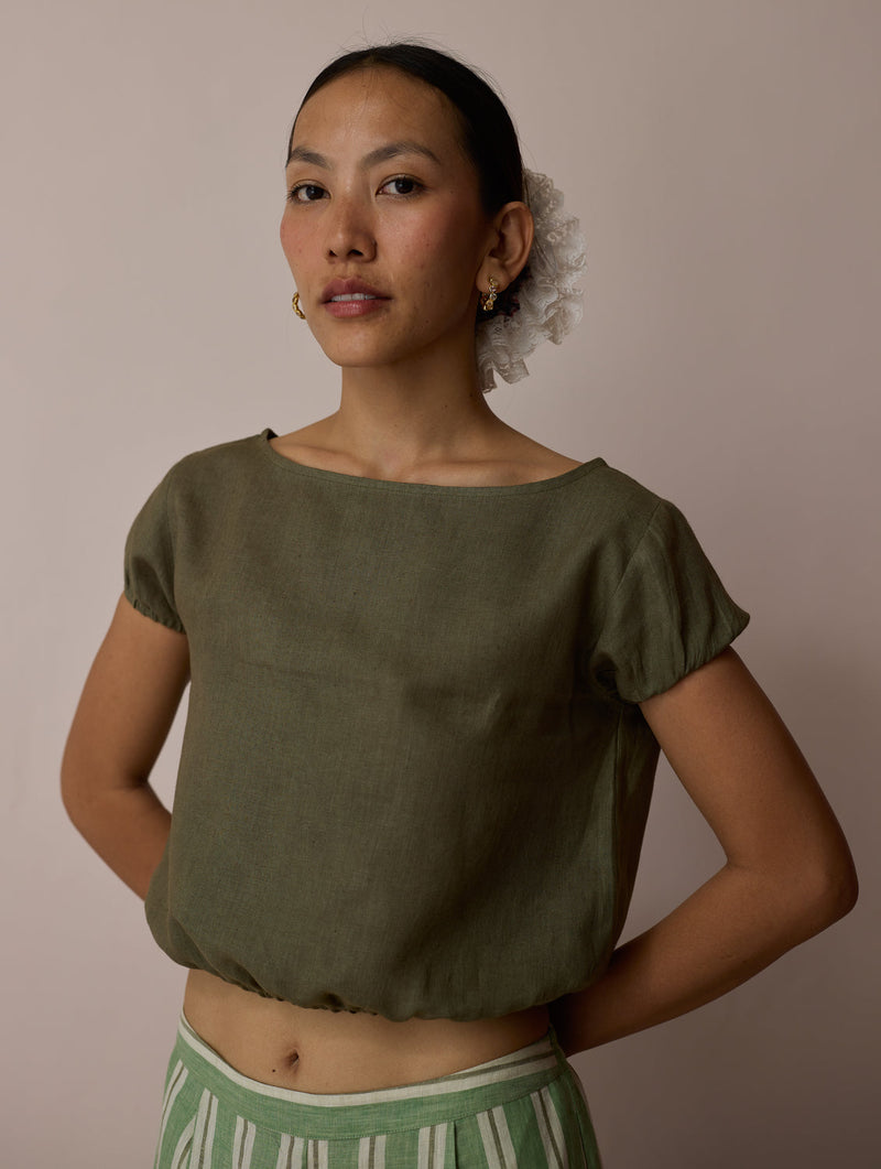 Rimi Linen Crop Top-Olive linen top/shirt by Manan in green for women in Singapore