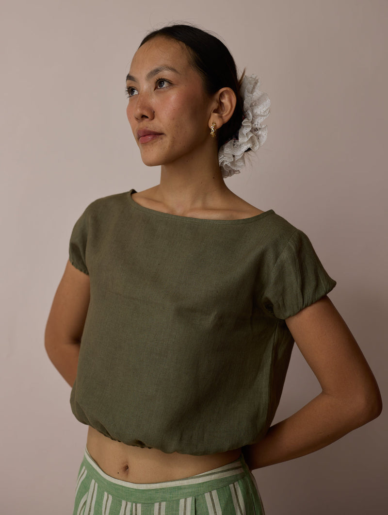 Rimi Linen Crop Top-Olive linen top/shirt by Manan in green for women in Singapore