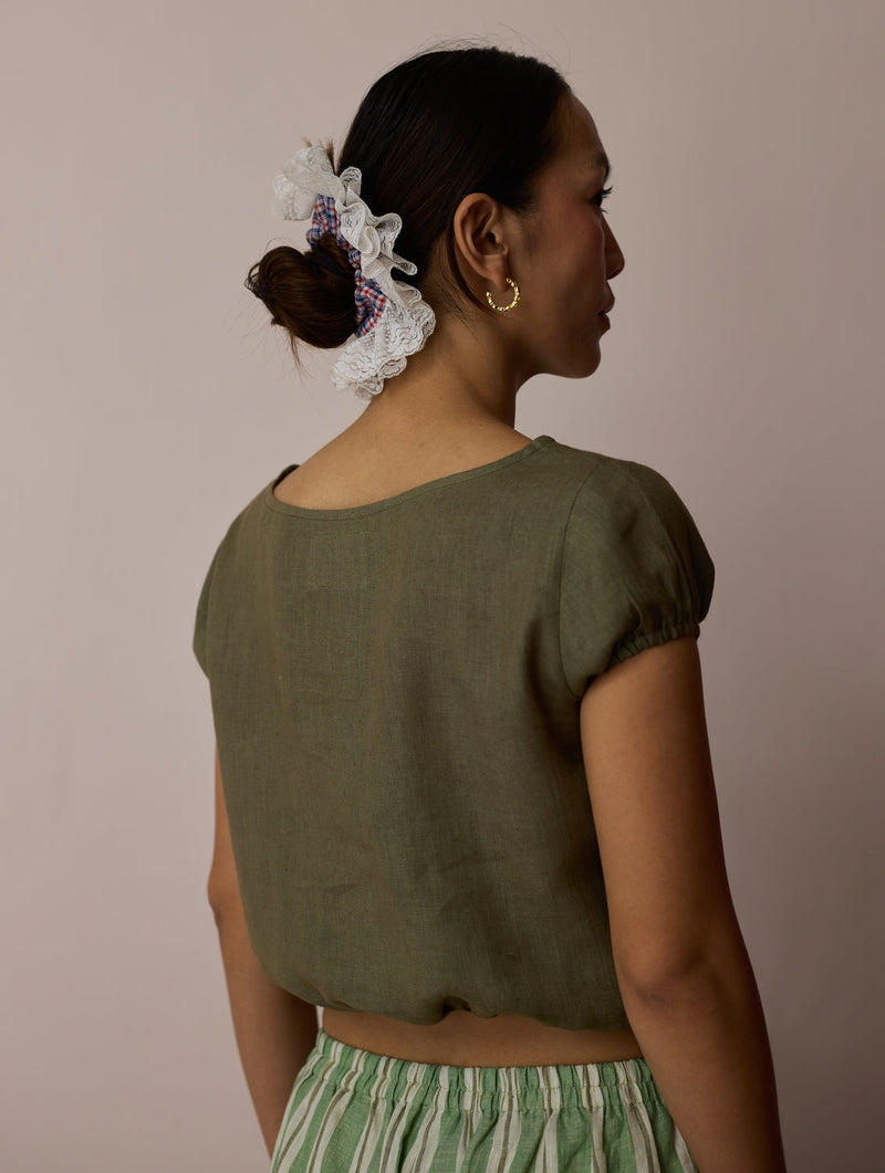 Rimi Linen Crop Top-Olive linen top/shirt by Manan in green for women in Singapore