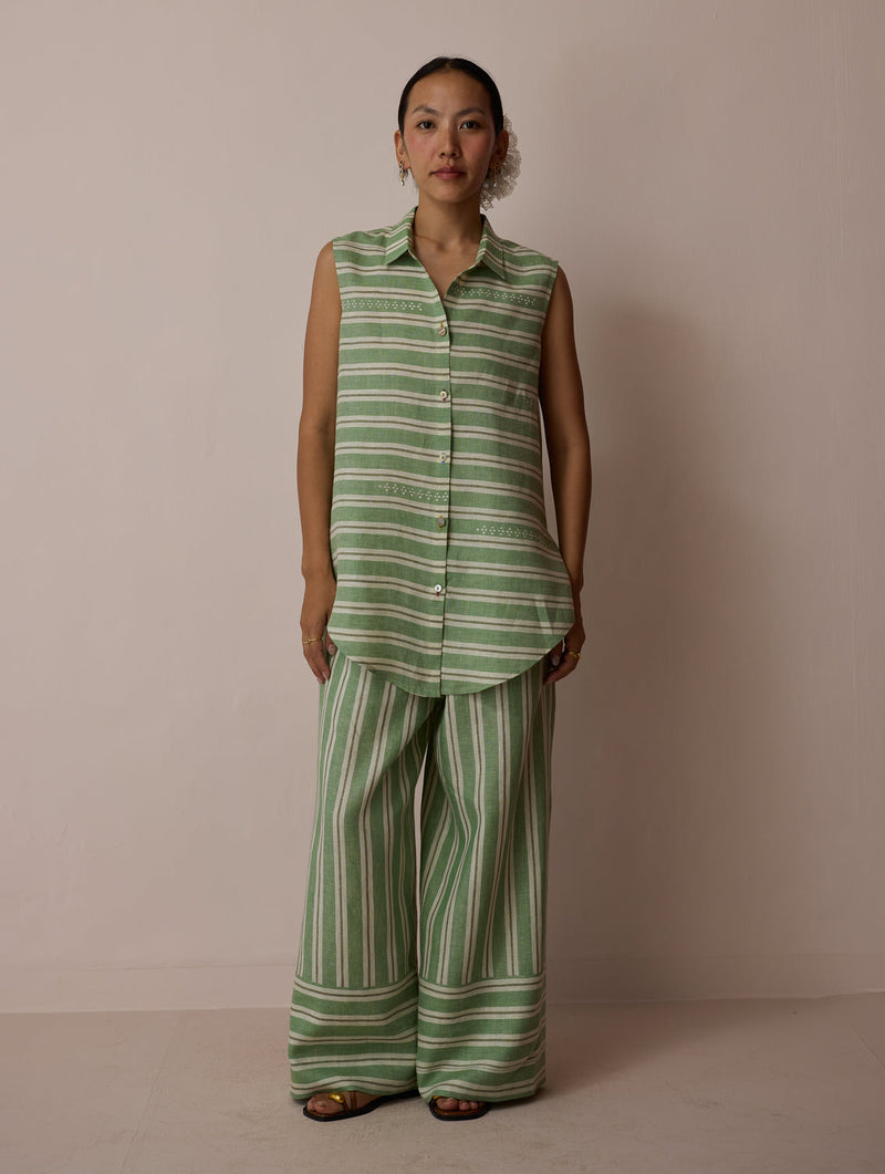 Ello Block-Printed Linen Co-ord-Fern linen co-ord set by Manan in green for women in Singapore
