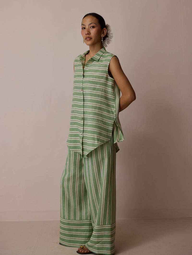 Ello Block-Printed Linen Co-ord-Fern linen co-ord set by Manan in green for women in Singapore
