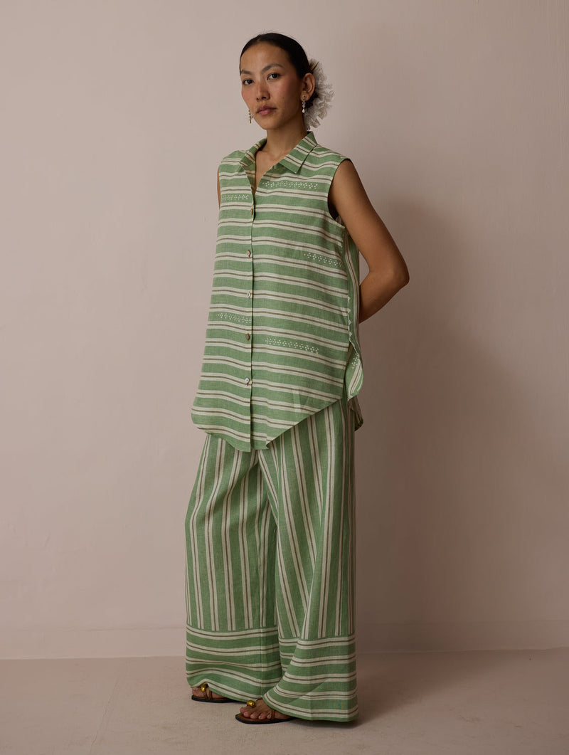 Ello Block-Printed Linen Co-ord-Fern linen co-ord set by Manan in green for women in Singapore