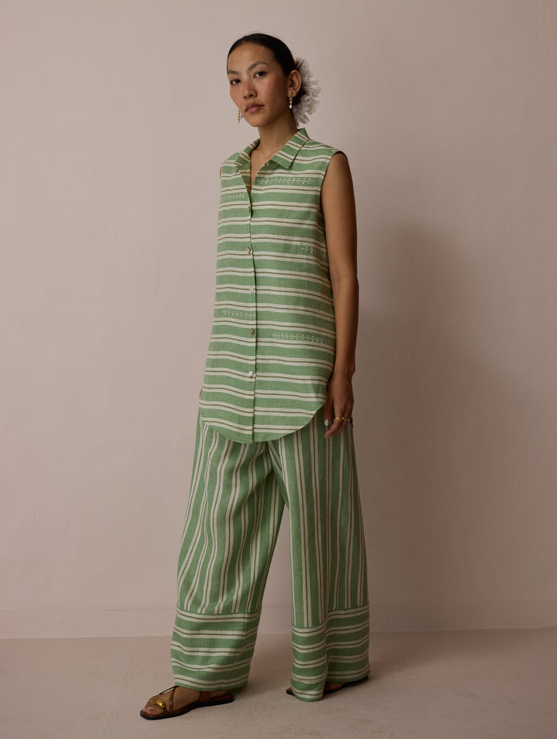 Ello Block-Printed Linen Co-ord-Fern linen co-ord set by Manan in green for women in Singapore