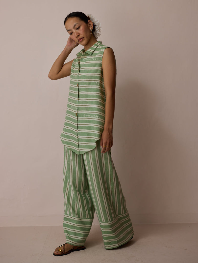 Ello Block-Printed Linen Co-ord-Fern linen co-ord set by Manan in green for women in Singapore