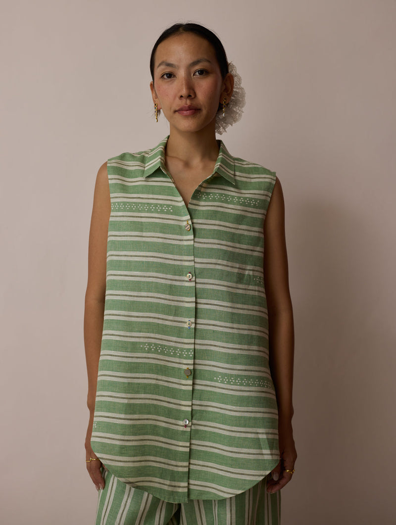 Ello Block-Printed Linen Co-ord-Fern linen co-ord set by Manan in green for women in Singapore