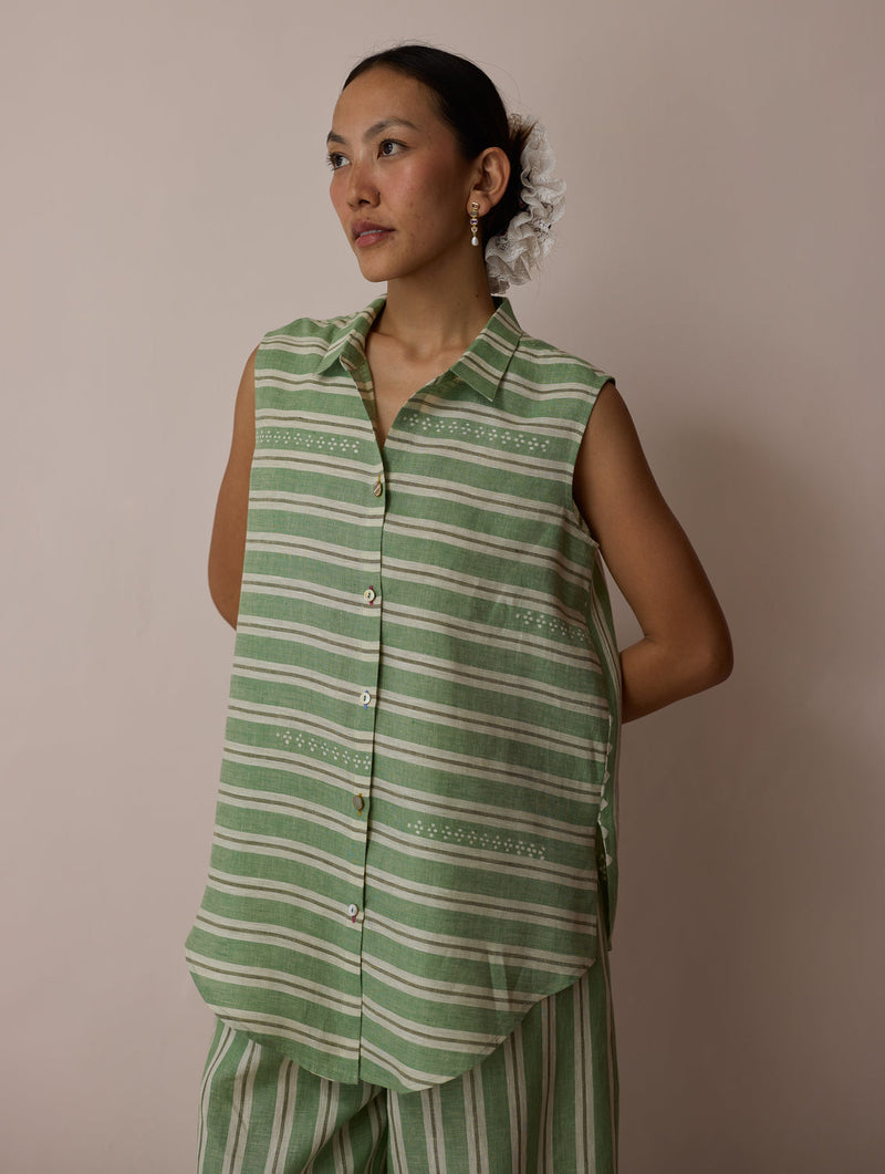 Ello Block-Printed Linen Co-ord-Fern linen co-ord set by Manan in green for women in Singapore