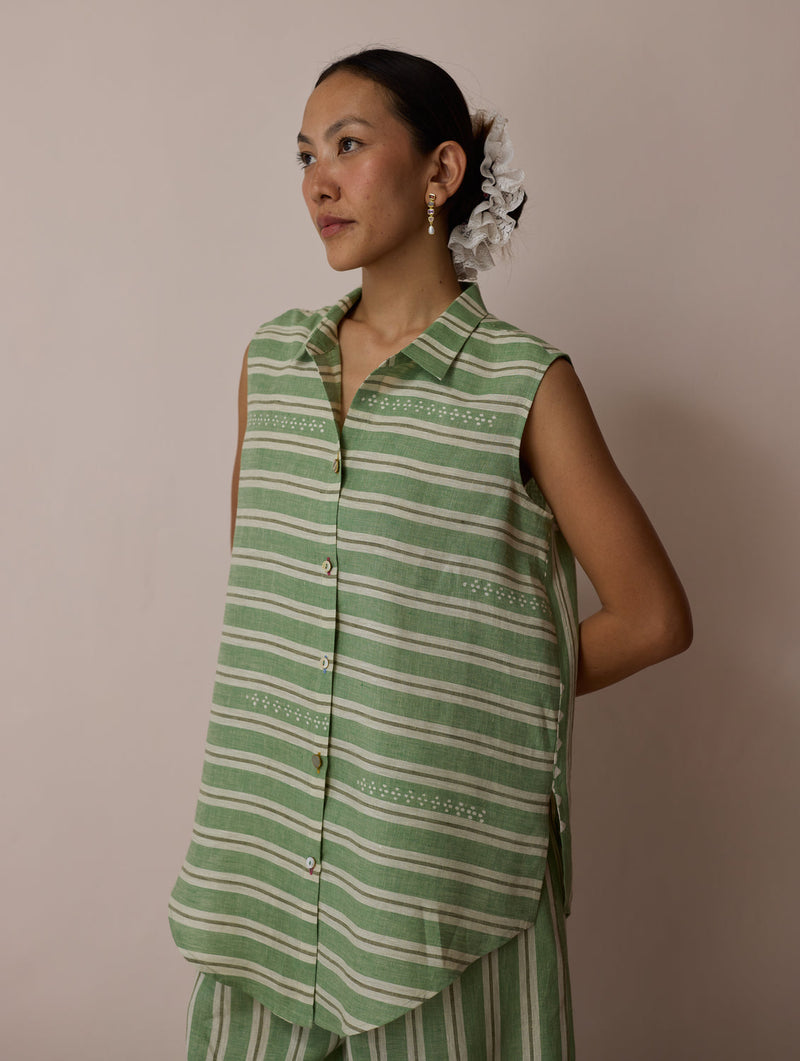 Ello Sleeveless Block-Printed Linen Shirt-Fern linen top/shirt by Manan in green for women in Singapore