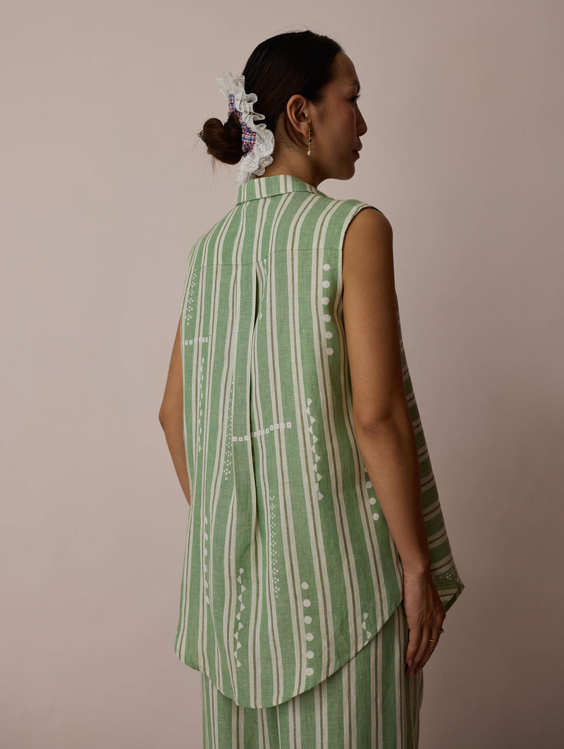 Ello Block-Printed Linen Co-ord-Fern linen co-ord set by Manan in green for women in Singapore